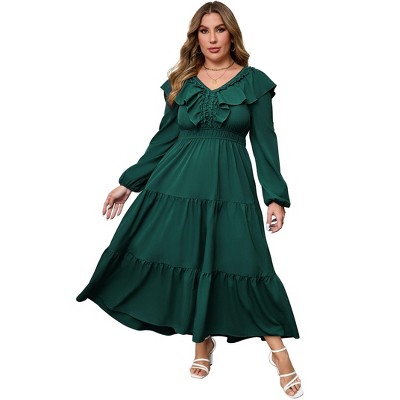 Coolmee Women's Casual Maxi Dress V Neck Lantern Long Sleeve Ruffle Smocked Waist Tiered A Line Long Dress with Pockets