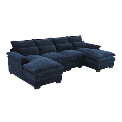 NicBex Modern U-shaped Sectional Sofa with 4 Waist Pillows and Double Chaise for Living Room,Apartment,Office,Blue