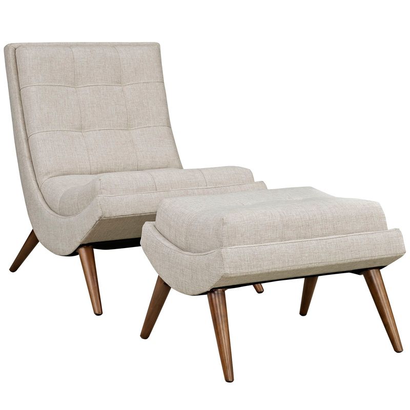 Beige Fabric Lounge Chair Set with Cherry Wood Legs