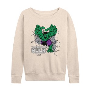 Women's - Marvel - Hulk Smash Through Wall Lightweight French Terry Wide Neck Long Sleeve Shirt - 1 of 4