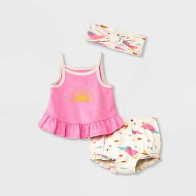 Image of Baby Girls' Beach Baby Top & Bottom Set with Headband - Cat & Jack™ Pink 3-6M