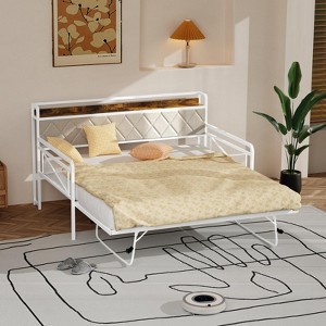 Karl Home Twin Size Metal Daybed Frame with Pop-up Trundle Bed and Charging Station with Upholstered Storage Headboard and LED Lights - 1 of 4