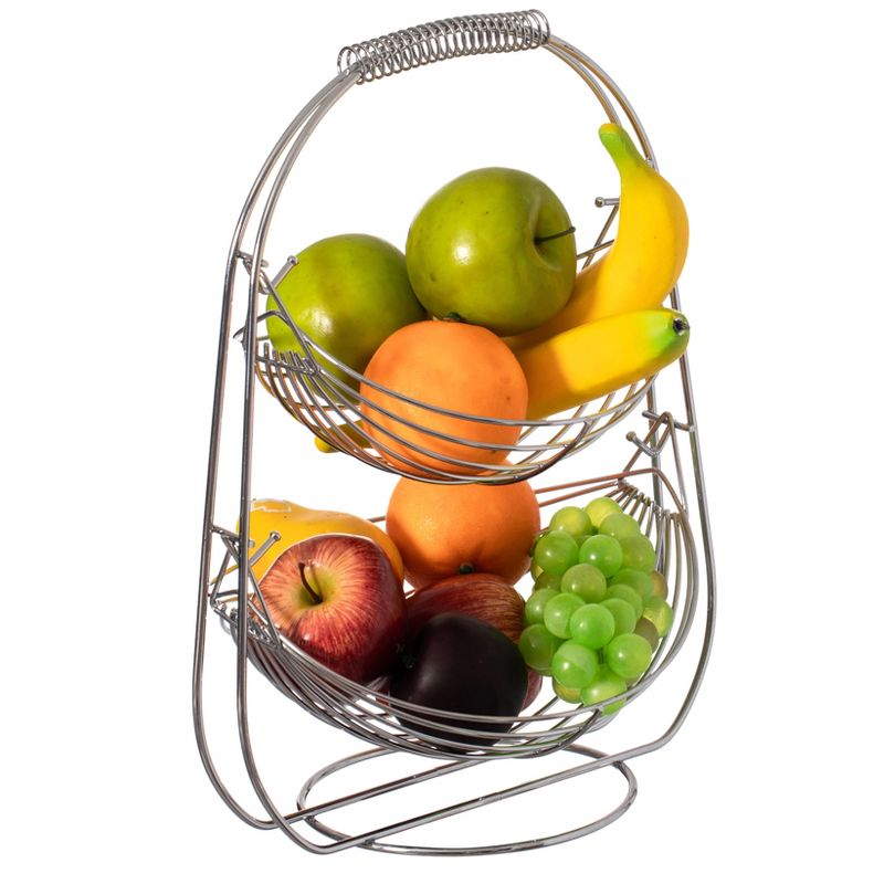Basicwise 2 Tier Metal Fruit Holder Swing Basket for Kitchen | Detachable Countertop Vegetables Storage Organizer with Display Hammock Stand, 1 of 8