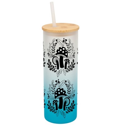 Elanze Designs Woodland Mushroom Flowers Wrap-Around Design 25 Ounce Frosted Gradient Glass On-The-Go Coffee Travel Skinny Tumbler Mug Cup, Bamboo Lid