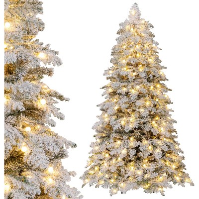 Tangkula Pre-Lit Artificial Christmas Tree Hinged Snow Flocked Xmas Tree w/ Mixed Branch Tips