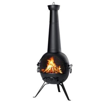 SINGLYFIRE 55 Inch High Fire Pit Fireplace with Chiminea Cover Rust-Free Iron Black