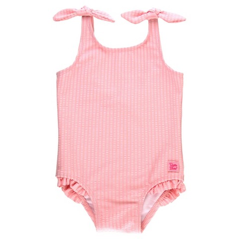 RuffleButts Girls Seersucker Tie Shoulder One Piece - Pink Seersucker, Size: 4T