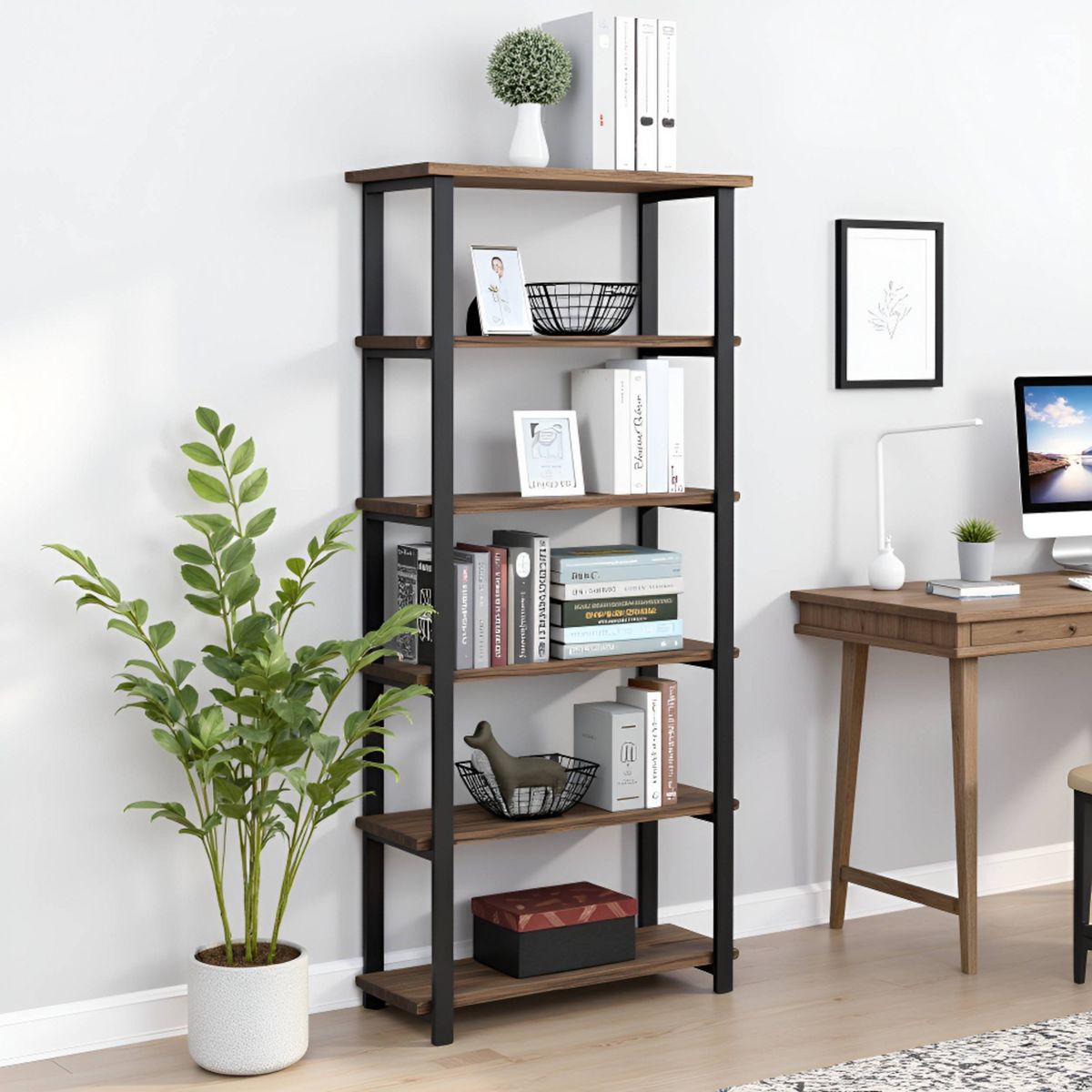 70" Pomona 5 Shelf Bookshelf Metal and Solid Wood Natural - Alaterre Furniture - thumbnail 7