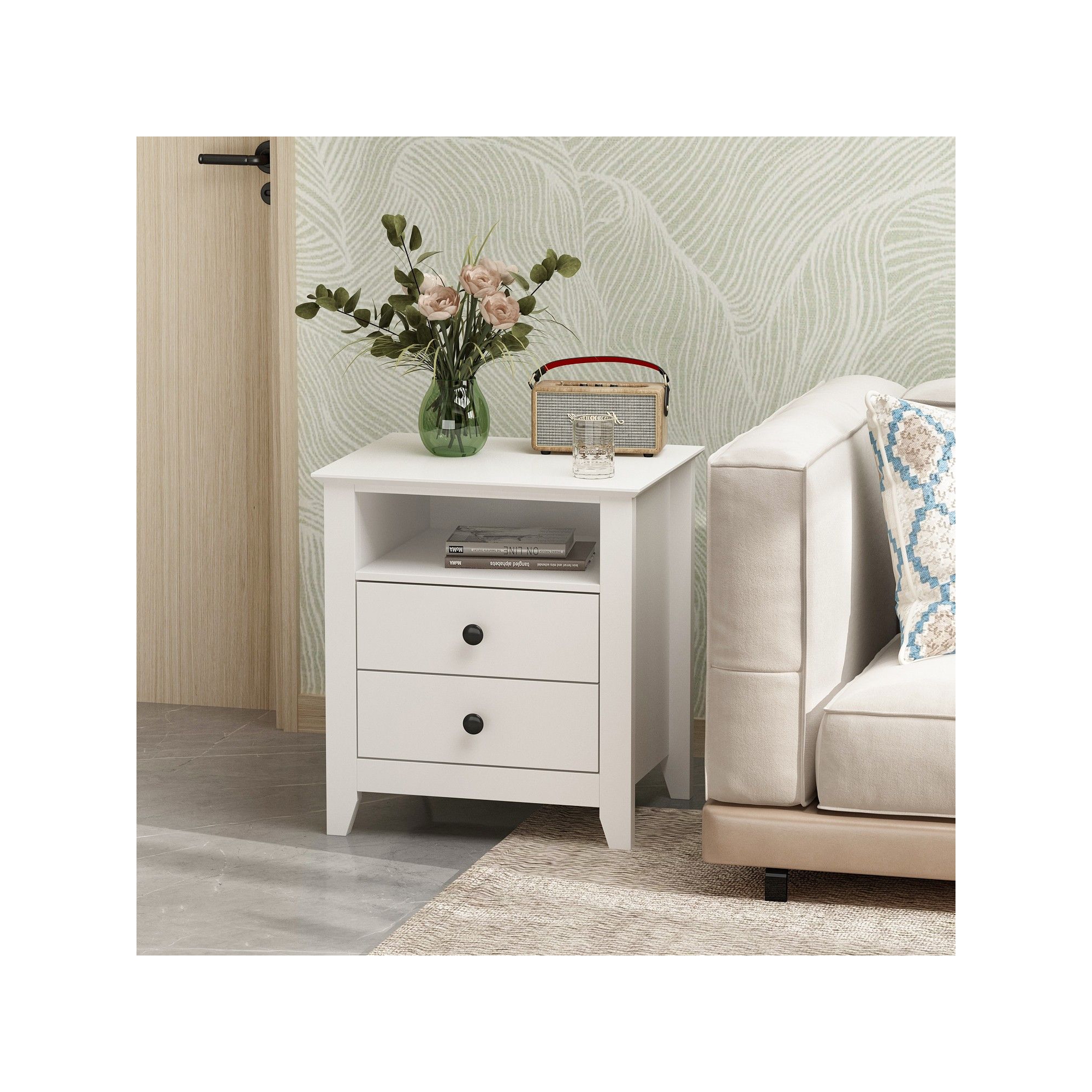 Famapy White Nightstand 2 Drawer 1 Open Shelf Modern Design End Table