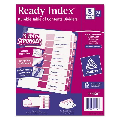 Avery Ready Index Customizable Table of Contents Asst Dividers 8-Tab Ltr 24 Sets 11168