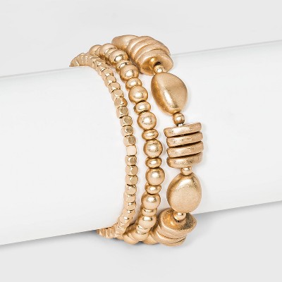 3 Row Multi-Shape Worn Gold Stretch Beaded Bracelet Set - Universal Thread™ Gold