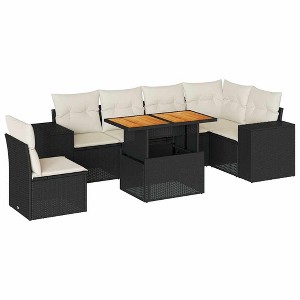 vidaXL Patio Sofa Set with Cushions Table and Modular Sofas 7 Piece Poly Rattan - Black and Cream 3x Corner + Table + 3x Middle - 1 of 4