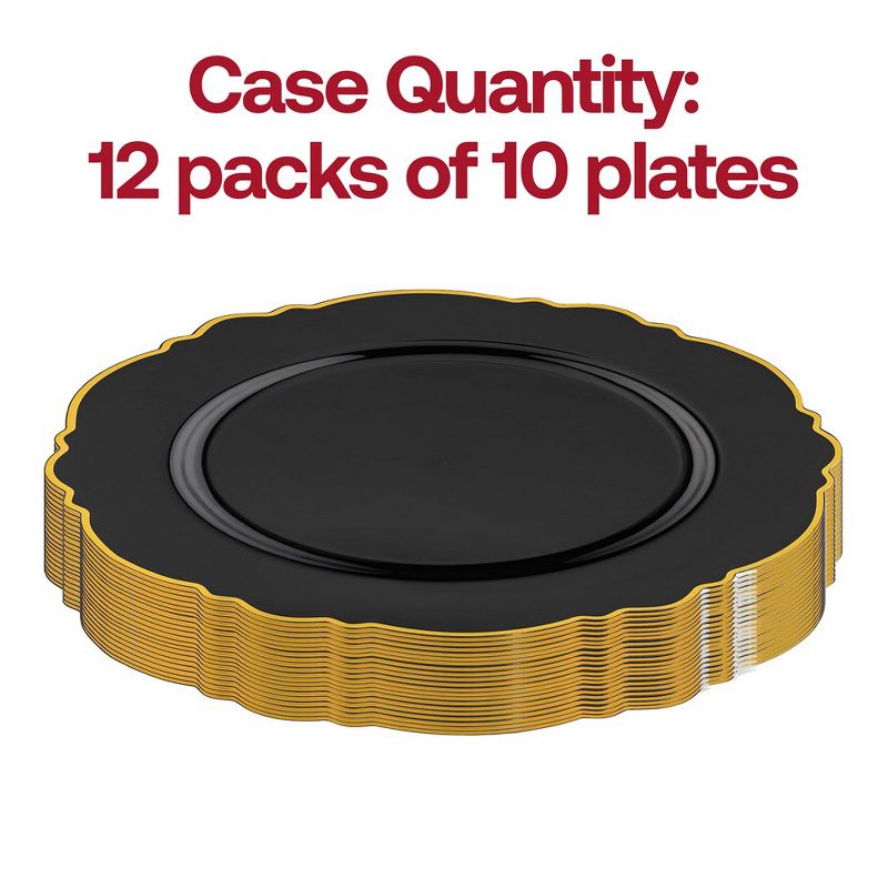 Smarty Had A Party 10.25" Black with Gold Rim Round Blossom Disposable Plastic Dinner Plates (120 Plates), 3 of 7