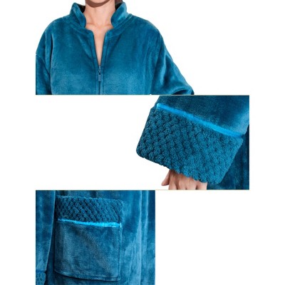 Blue Microfiber Fleece Long Sleeve Zip Robe with Pockets