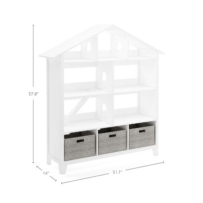 Creamy White Wooden Kids Dollhouse Bookcase with Storage Bins