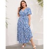 Women Plus Size Maxi Dress V Neck Summer Dress Short Sleeve Long Dress High Waist Ruffle Casual Dress with Belt, Flower Blue White, XL - 2 of 4