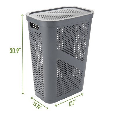 Gray Perforated Plastic Collapsible Laundry Hamper with Lid