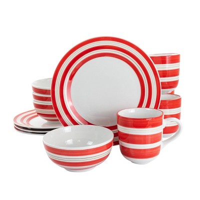 Gibson Home 12pc Ceramic Sunset Stripes Dinnerware Set Red