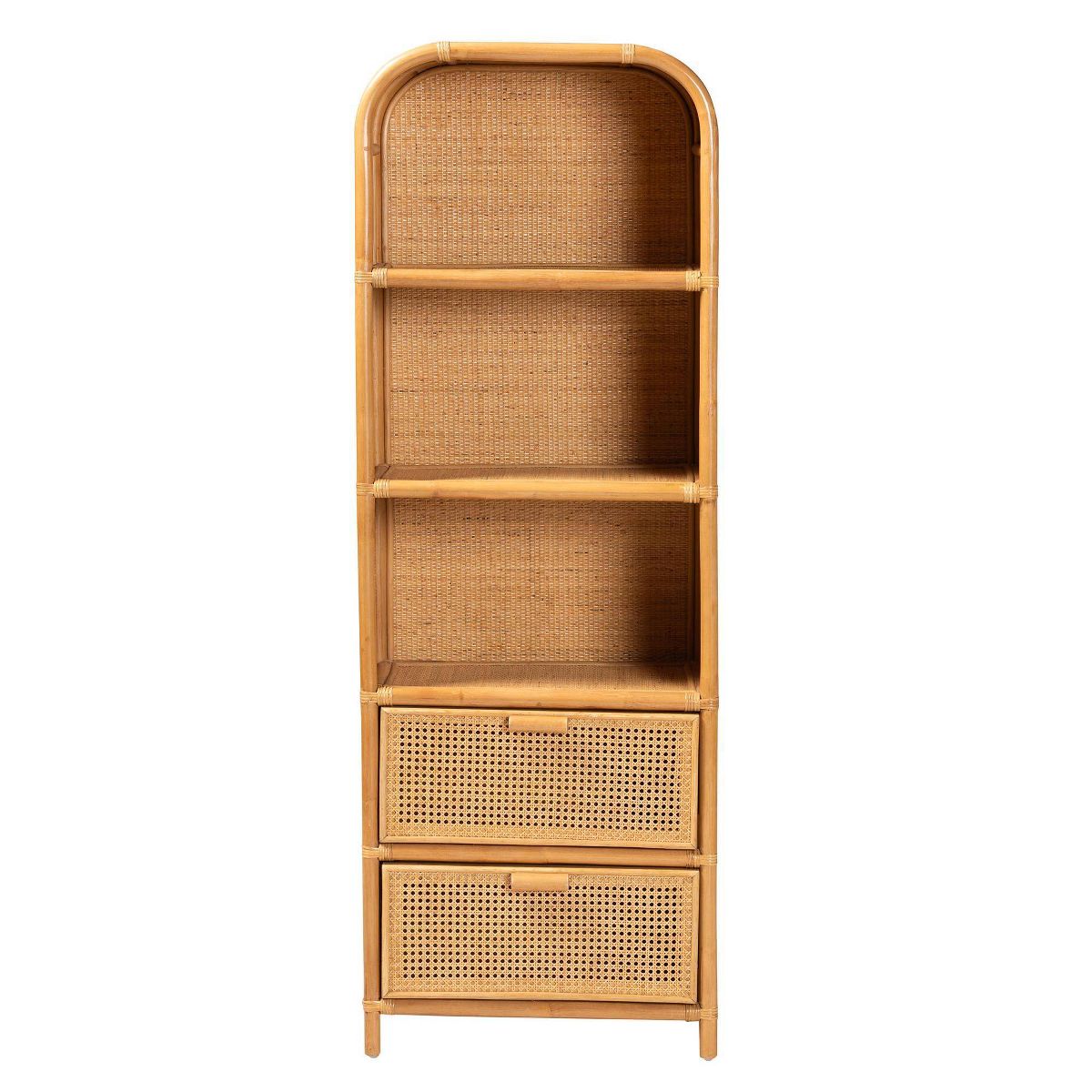 bali & pari 67.7" Curacao Rattan 2 Drawer Bookcase Light honey: Plywood Frame, 3-Tier, No Assembly Required - thumbnail 4