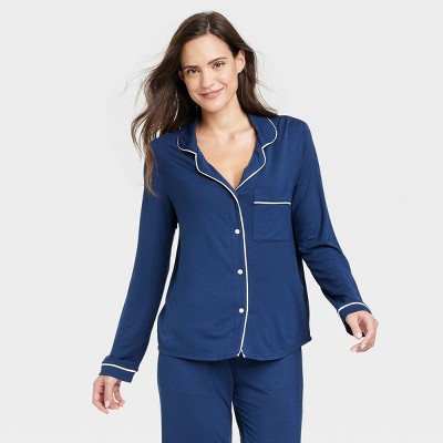 Image of Women's Beautifully Soft Long Sleeve Notch Collar Top and Pants Pajama Set - Stars Above™ Navy S