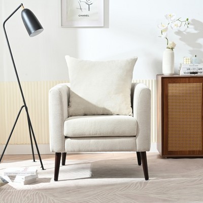 TIRAMISUBEST Modern Accent Chair - Mid Century Upholstered Lounge Chair with Wood Legs & Pillow (Beige) - Comfy Reading Chair for Living Room, Bedroom