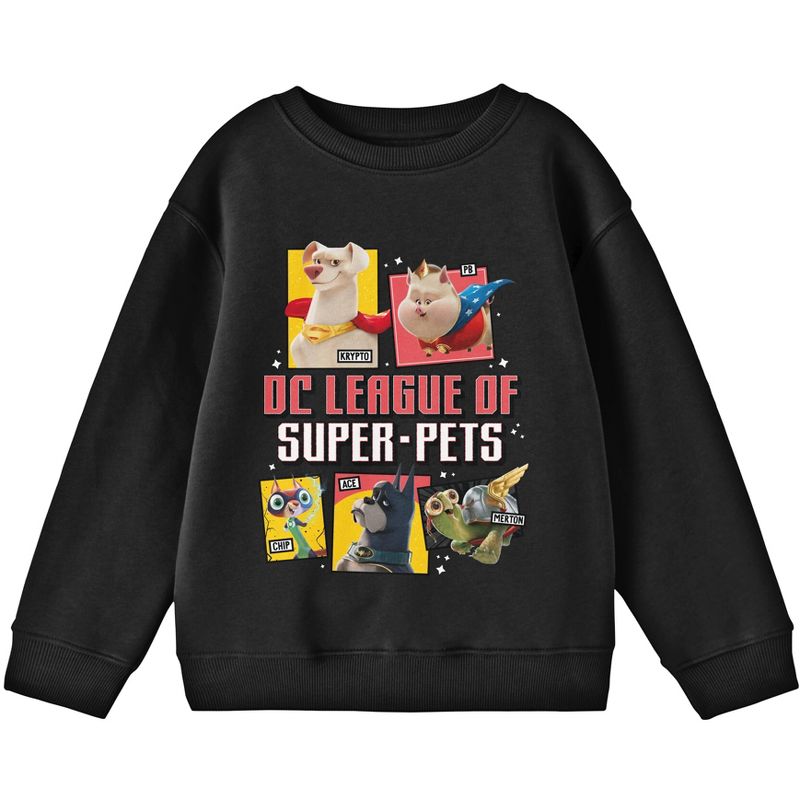 DC League of Super Pets Characters and Title Logo Youth Black Crew Neck Sweatshirt, 1 of 2