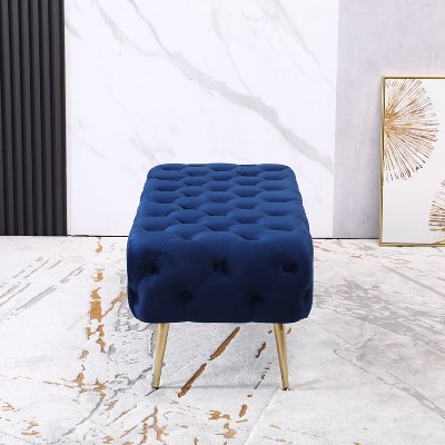 Sira Blue Velvet Button Tufted Bench with Gold Metal Legs