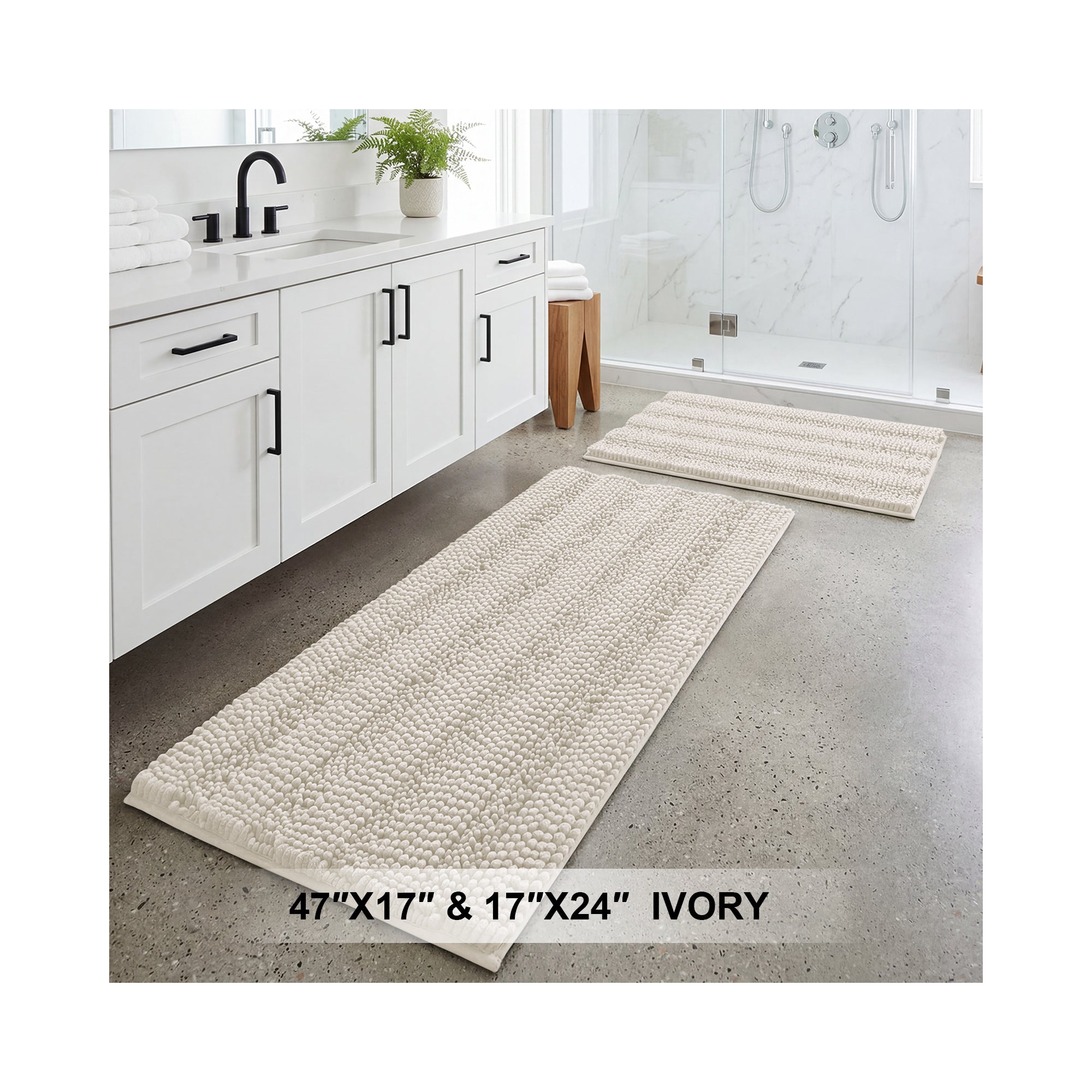 H.Versailtex 2 Pieces Extra Thick Chenille Striped Pattern Shaggy Bath Rugs Include 1 Rectangle and 1 Toilet Rug IVORY 47"x17"/24"x17"