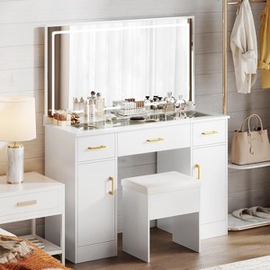 WAYES 43.3" Clear Glass Top Makeup Vanity Desk Set with LED Mirror, Charging Station, and Storage Stool - Modern White - 1 of 4