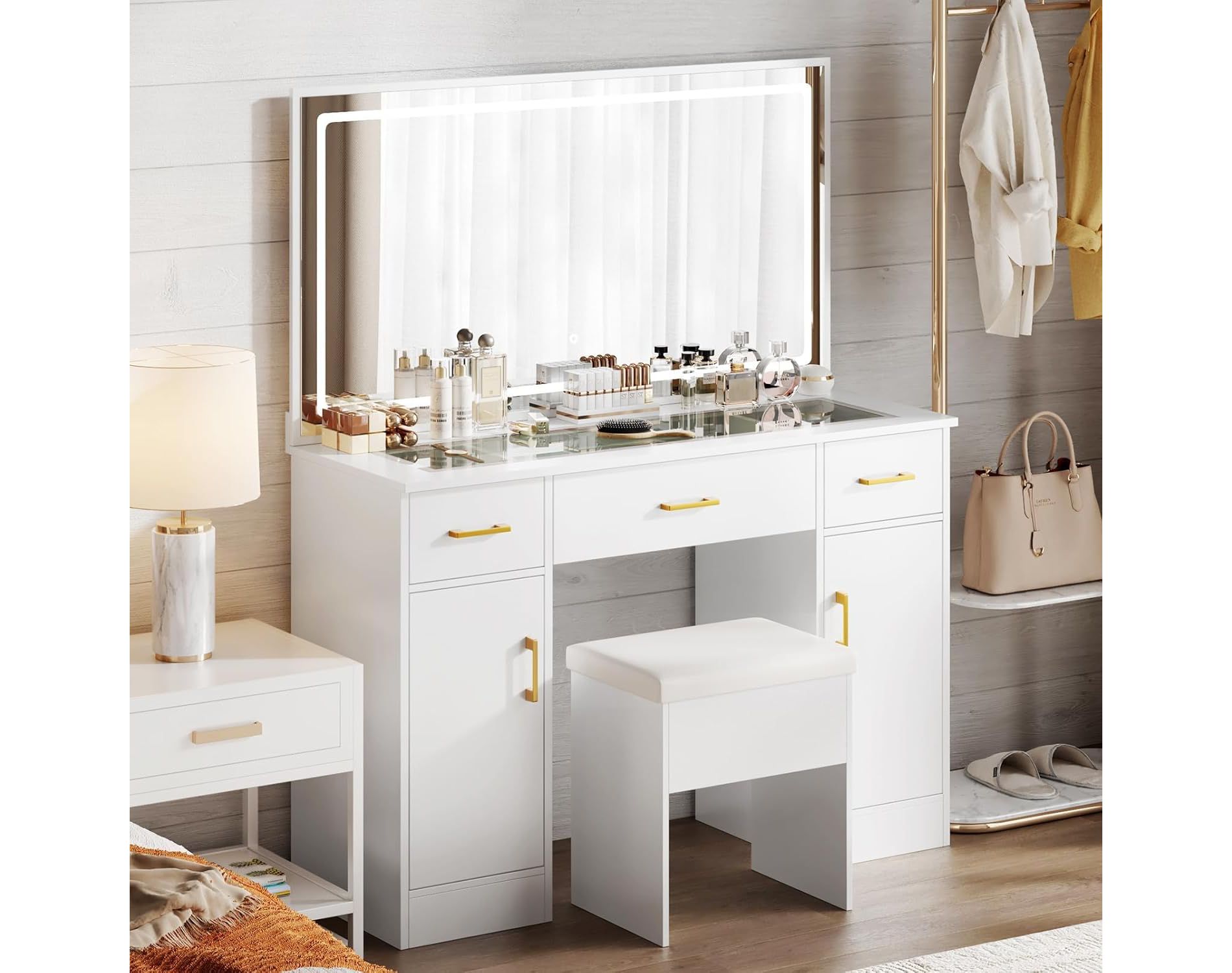 WAYES 43.3" Clear Glass Top Makeup Vanity Desk Set with LED Mirror, Charging Station, and Storage Stool - Modern White