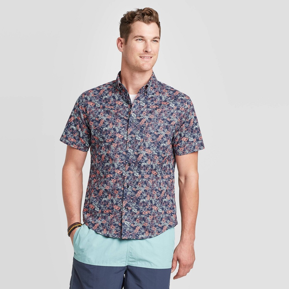Men's Standard Fit Floral Print Short Sleeve Poplin Button-Down Shirt - Goodfellow & Co Blue S was $19.99 now $12.0 (40.0% off)