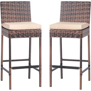 Outdoor Wicker Bar Stool Set of 2, Patio Bar Stools w/Cushion, Bar Height Patio Chairs Outdoor Rattan Barstools for Garden Pool Lawn Backyard - 1 of 1