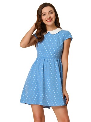 INSPIRE CHIC Women's Peter Pan Collar Short Sleeves Contrast A-Line Polka Dots Dress