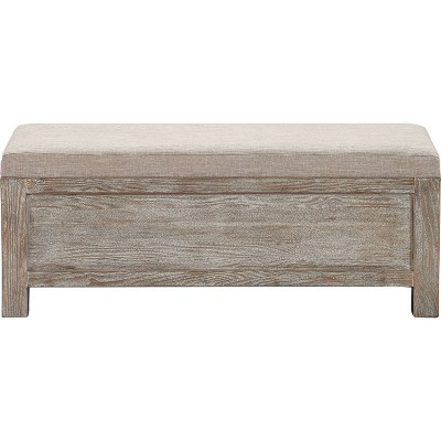Weathered Ash Cottage-Inspired Upholstered Storage Bench with Black Metal Accents