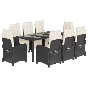 vidaXL 9 Piece Black Patio Dining Set with Cushions - Poly Rattan, Glass Tabletop, Adjustable Backrest & Footrest, for Garden/Backyard - 1 of 4