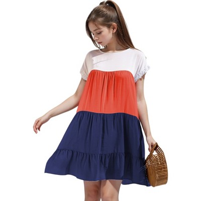 Anna-Kaci Women's Color Blocked Ruffle Dolman Sleeve Flared Loose Tunic Dress