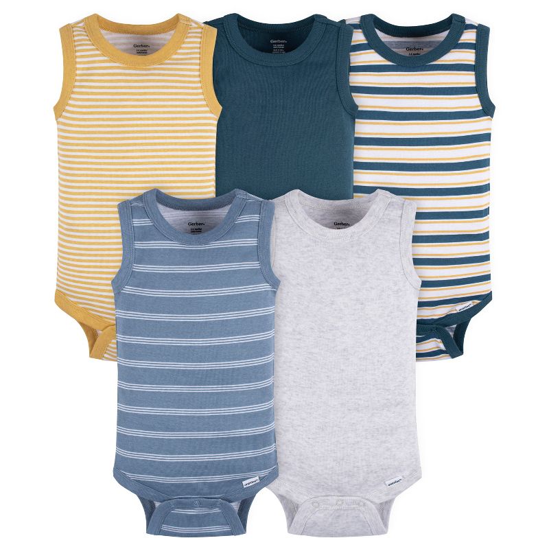 Gerber Baby Boys' 5-Pack Sleeveless Onesies Bodysuits, Blue Stripe, 0-3 Months