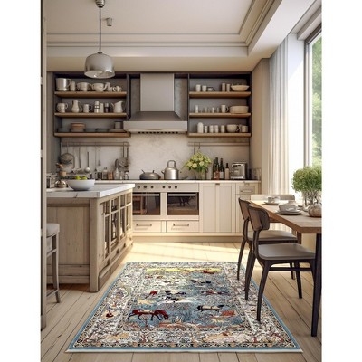 Blue and Tan Floral Synthetic 8' x 10' Area Rug