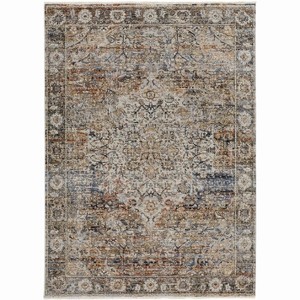 HomeRoots 2' X 3' Tan Blue And Burnt Orange Oriental Distressed Area Rug With Fringe - 1 of 4