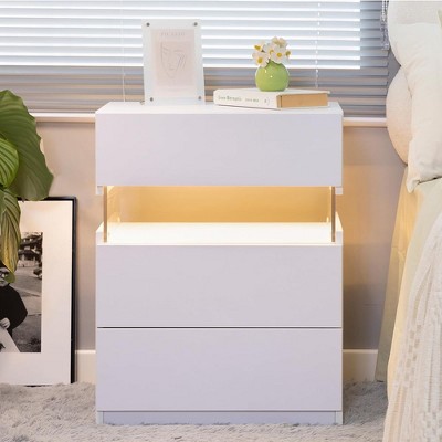 Resenkos White LED Nightstand, 3 Drawer, Acrylic Panel, Multi-color RGB Light, Bedroom Furniture, 14.57"L x 19.67"W x 22.44"H
