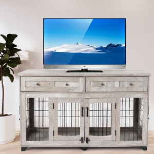58" Wooden Dog Crate Furniture - TV Stand w/Storage Drawers, 4-Door Kennel & Removable Divider for Large Breeds - 1 of 4