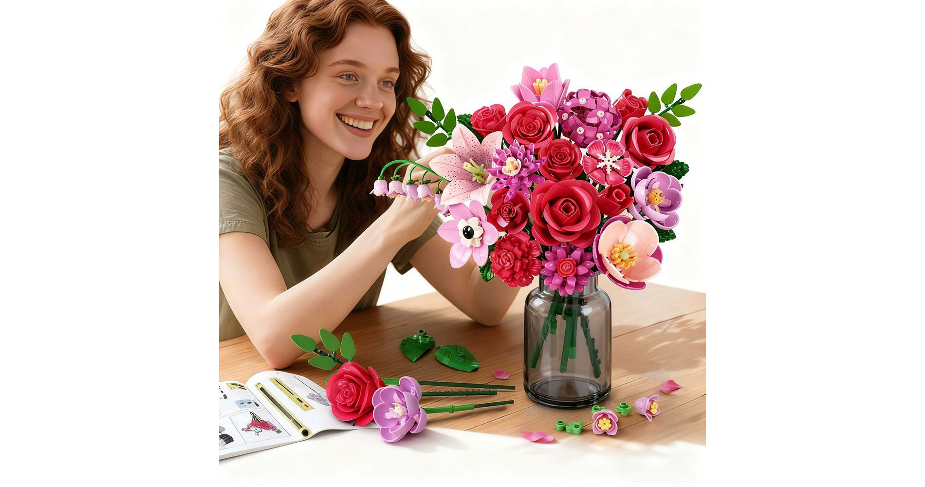 Clemas 21 Rose Red Flower Botanical Building Block Set for Adults and Kids Aged 12+(832 PCS)