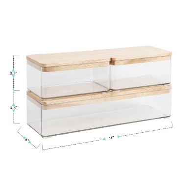 Clear Plastic Stackable Storage Boxes with Light Natural Paulownia Wood Lids, Set of 3