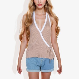 Anna-Kaci Women's Halter Neck Knit Tank Top with V-Neck Wrap Design and Side Tie Detail Top - 1 of 4
