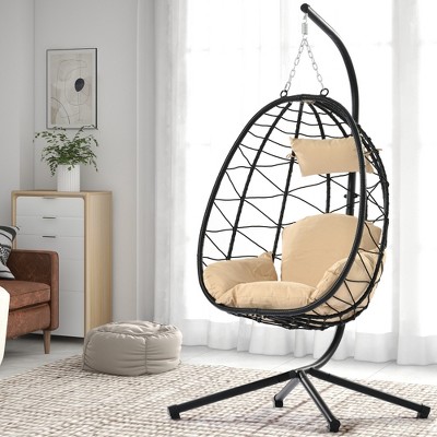 Skran Egg Chair with Stand Indoor Outdoor Swing Chair Patio Wicker Hanging Egg Chair Hanging Basket Chair Hammock Chair with Stand,Beige