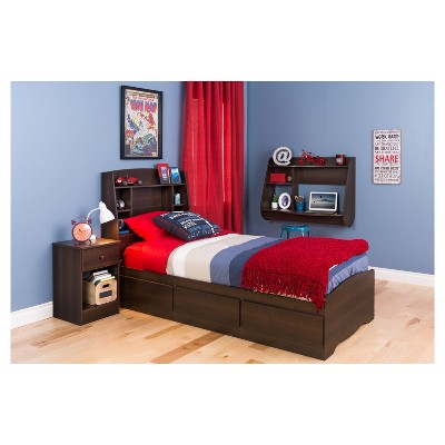 Espresso Twin Wood Bookcase Headboard with Storage