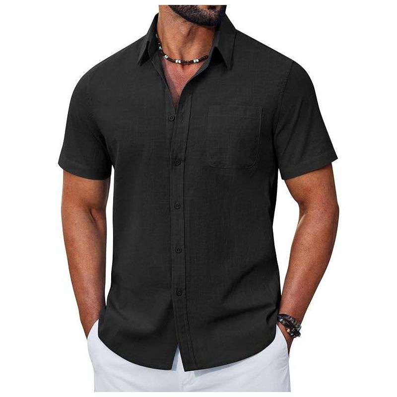 COOFANDY Mens Linen Shirt Short Sleeve Casual Button Down Dress Shirts Vacation Cotton Linen Shirt Black S