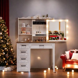 FURNIinspire Farmhouse Vanity Table with Mirror Hidden Storage Cabinet, Elegant Dressing Table for Bedroom or Living Room, White, 43.3"*15.75"*53.07" - 1 of 4