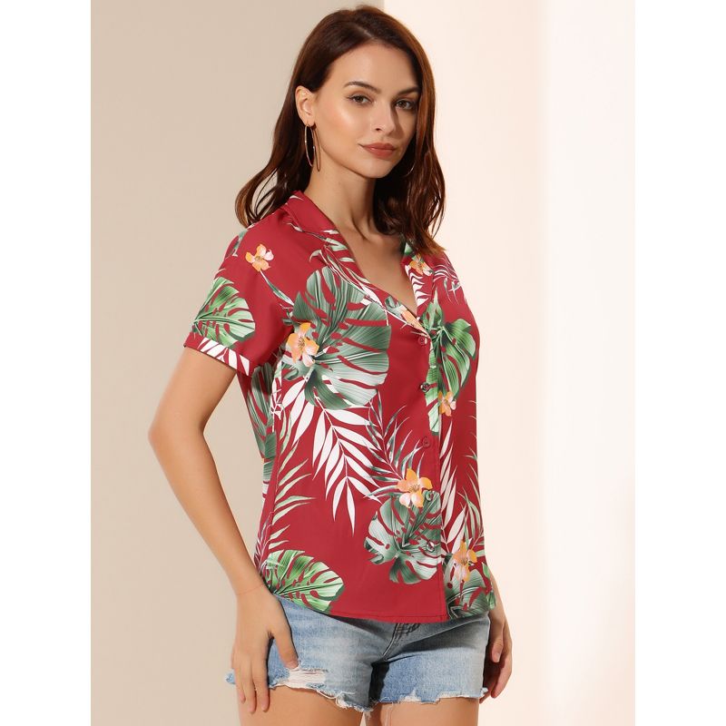 Allegra K Women's Hawaiian Floral Leaves Printed Short Sleeve Button Down Vintage Shirt, 5 of 8