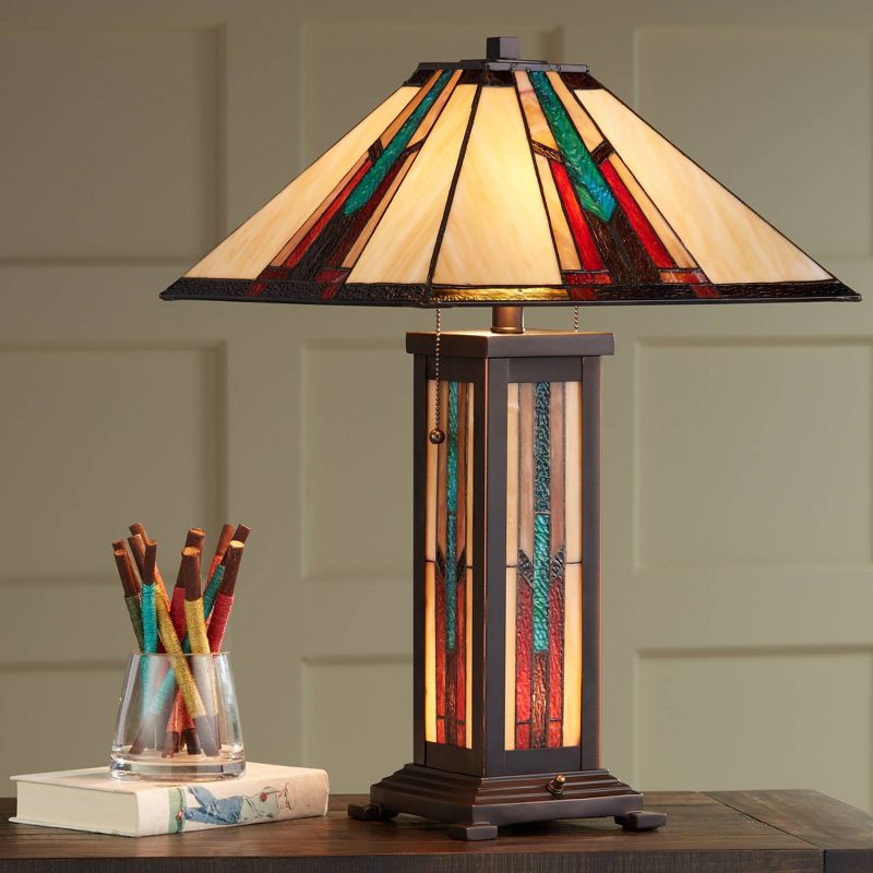 Robert Louis Tiffany Mission Style Table Lamp with Table Top Dimmer and Night Light 25" High Bronze Stained Glass for Living Room Bedroom, 3 of 9